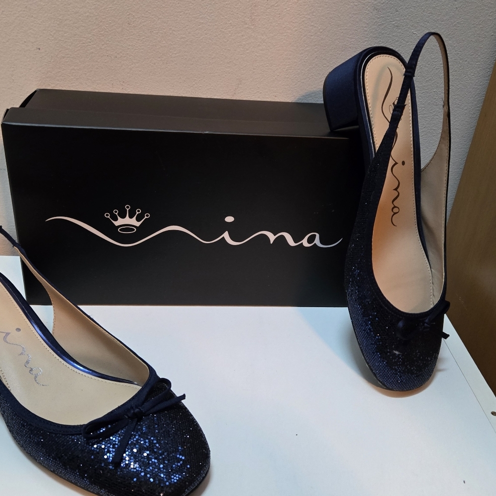Nina Women's Navy Glitter Slingback Flats